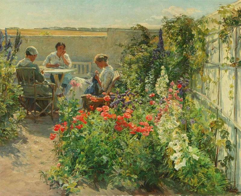 Knud Bergslien Blomstrende haveeksterir med tre kvinder ved et bord Germany oil painting art